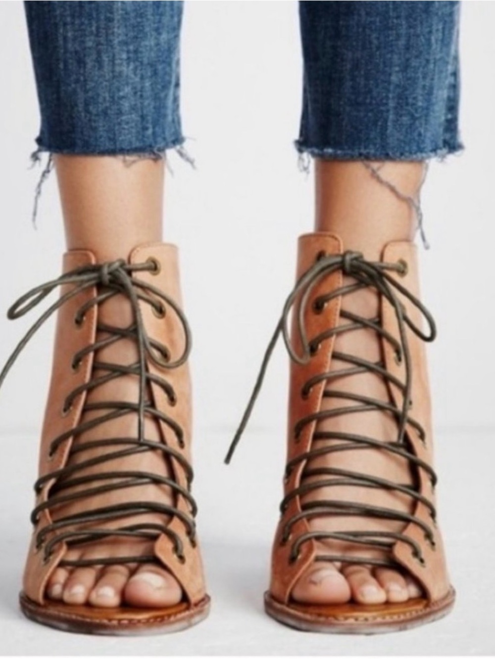 Jeffrey Campbell x Free People Lace-Up Open-Toe Leather Heels in Tan - Picture 13 of 16